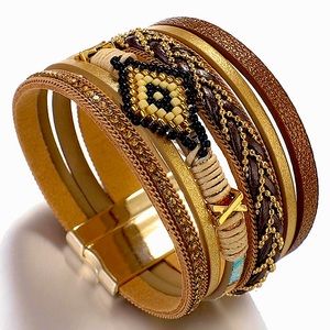 NWT - Western Multi-Layer Handwoven Wide Leather Bracelet 8”